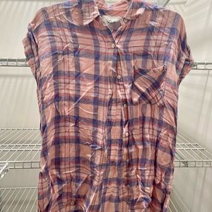 Rails Maternity Short Sleeve Button Down Shirt, Size Small, Pink/Blue Flannel